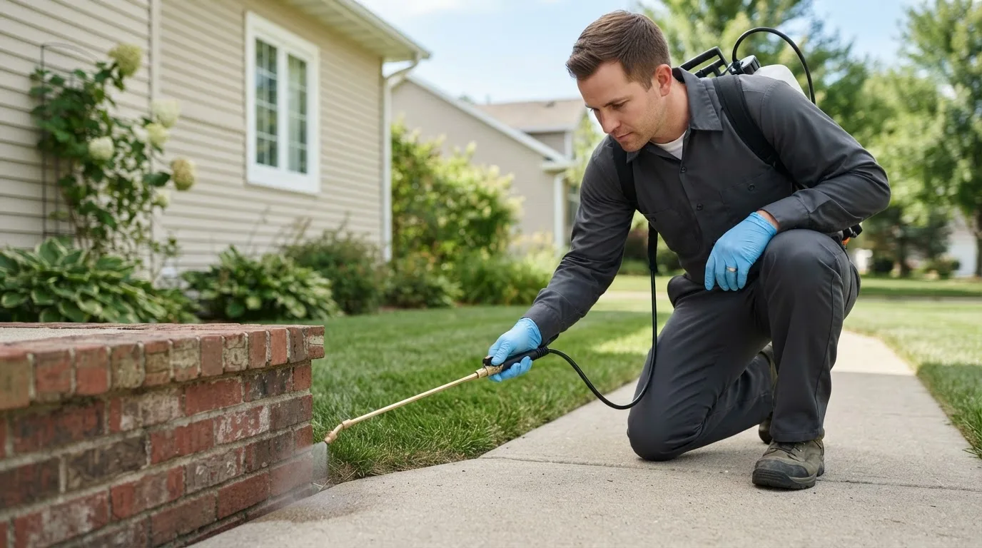 Pest control technician treating a home near Webster, IA