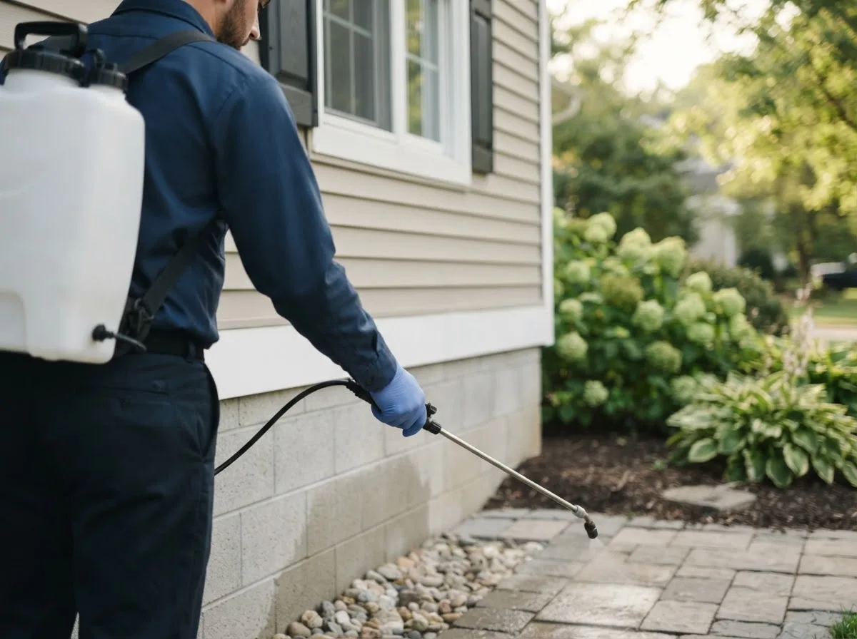 Pest control technician inspecting a home in Webster, IA